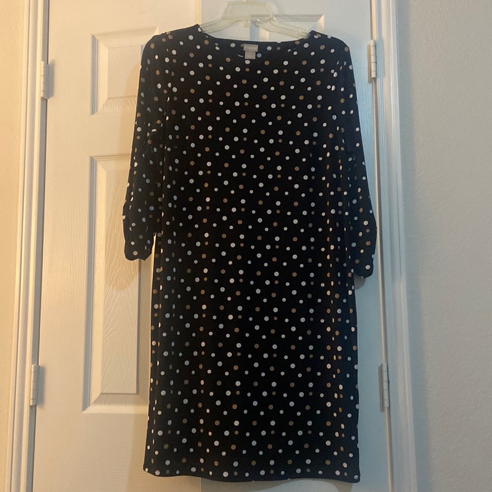 Adorable Chicos size 2 black, white and tan polka dot dress.